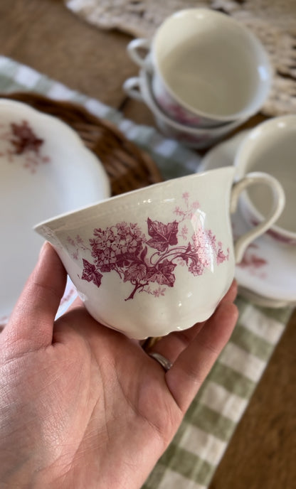 Antique Homer Laughlin "The Angelus" Set of Four Floral Red and Pink Teacups, Saucers, and Plates