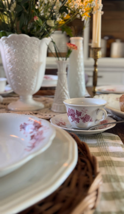 Antique Homer Laughlin "The Angelus" Set of Four Floral Red and Pink Teacups, Saucers, and Plates