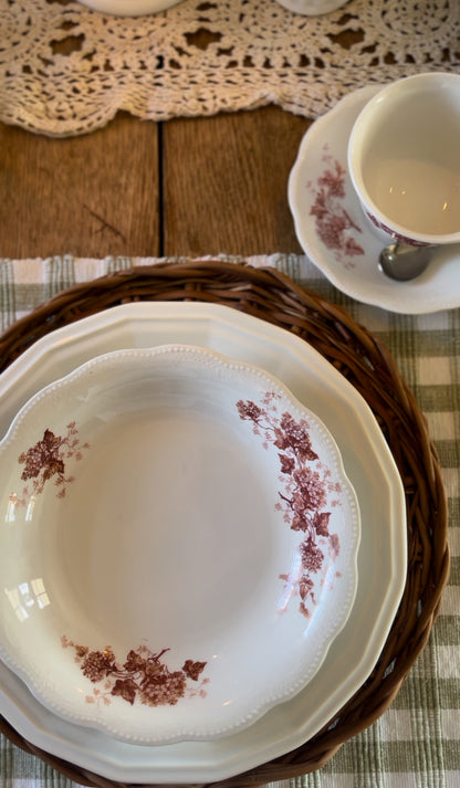 Antique Homer Laughlin "The Angelus" Set of Four Floral Red and Pink Teacups, Saucers, and Plates