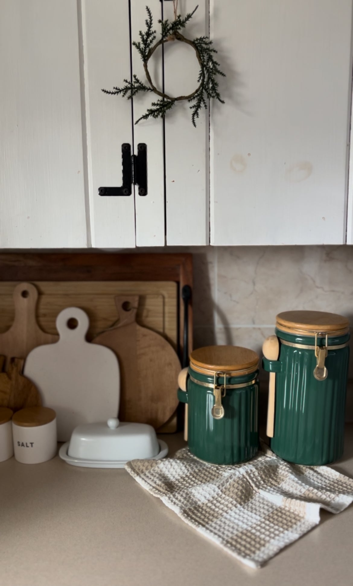 Green Ribbed Canisters with Wooden Spoon and Lid - Set of 2