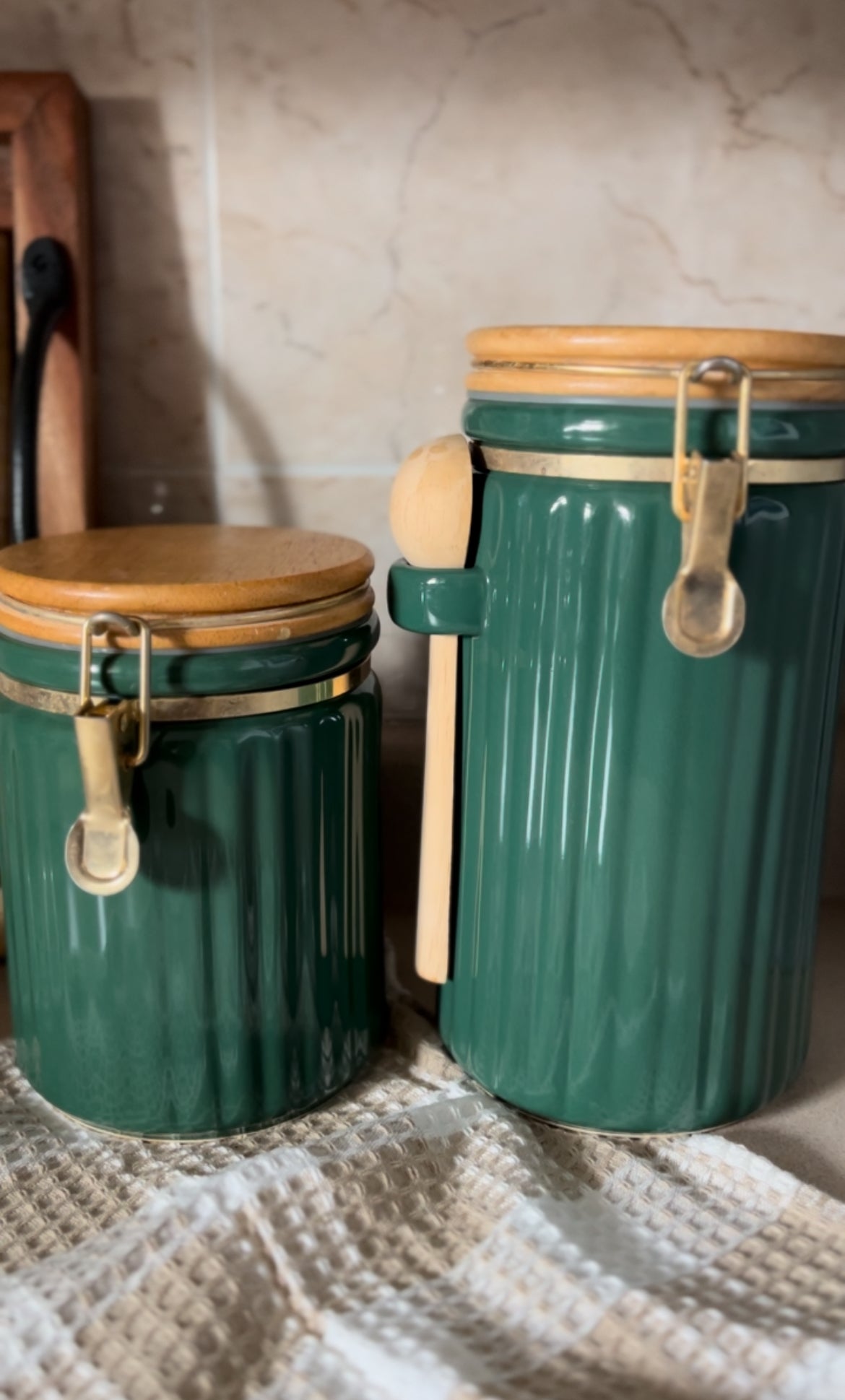 Green Ribbed Canisters with Wooden Spoon and Lid - Set of 2