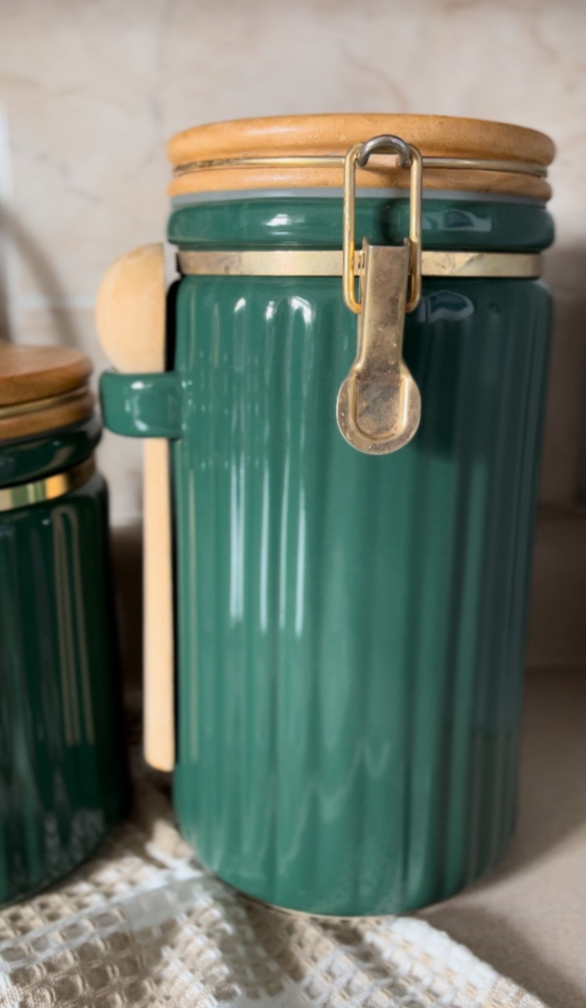 Green Ribbed Canisters with Wooden Spoon and Lid - Set of 2