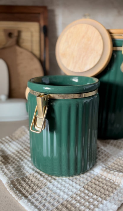 Green Ribbed Canisters with Wooden Spoon and Lid - Set of 2