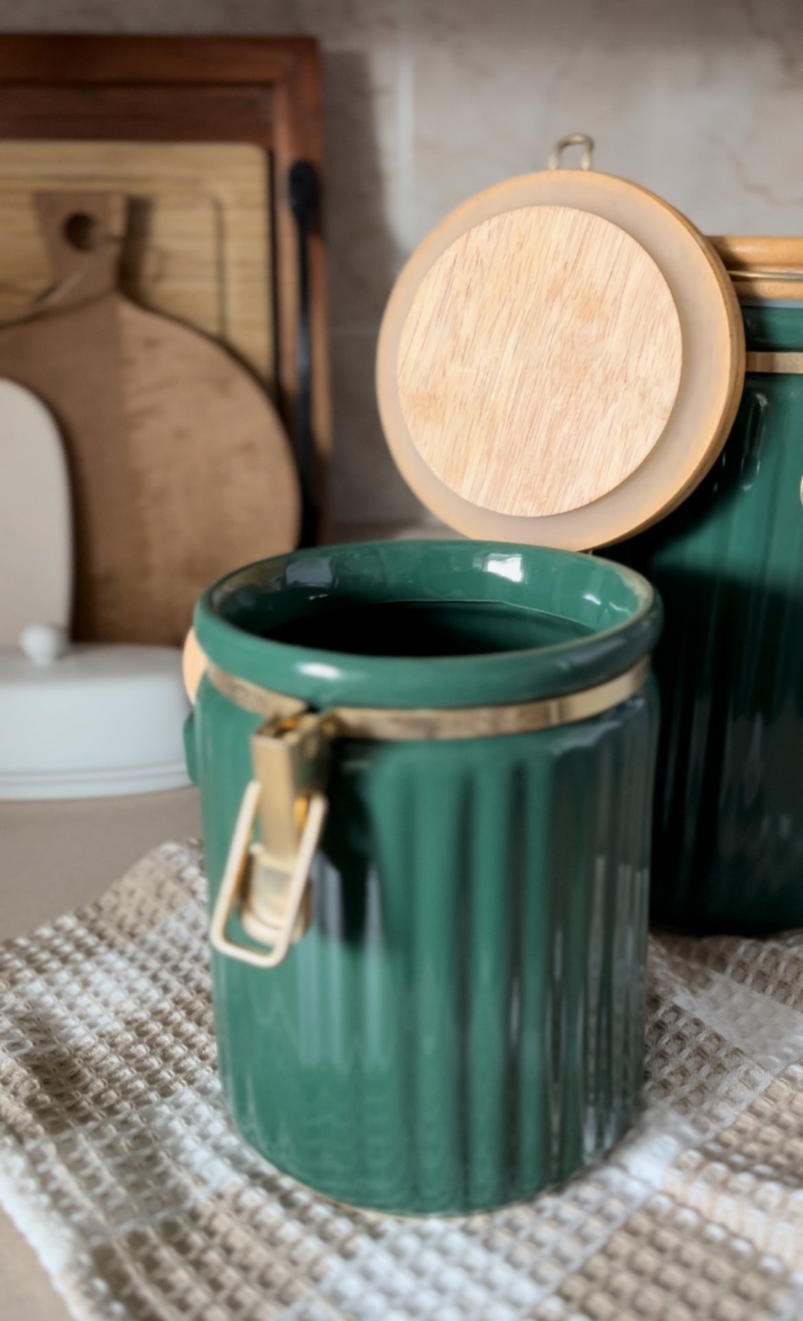 Green Ribbed Canisters with Wooden Spoon and Lid - Set of 2