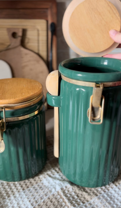 Green Ribbed Canisters with Wooden Spoon and Lid - Set of 2