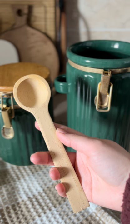 Green Ribbed Canisters with Wooden Spoon and Lid - Set of 2