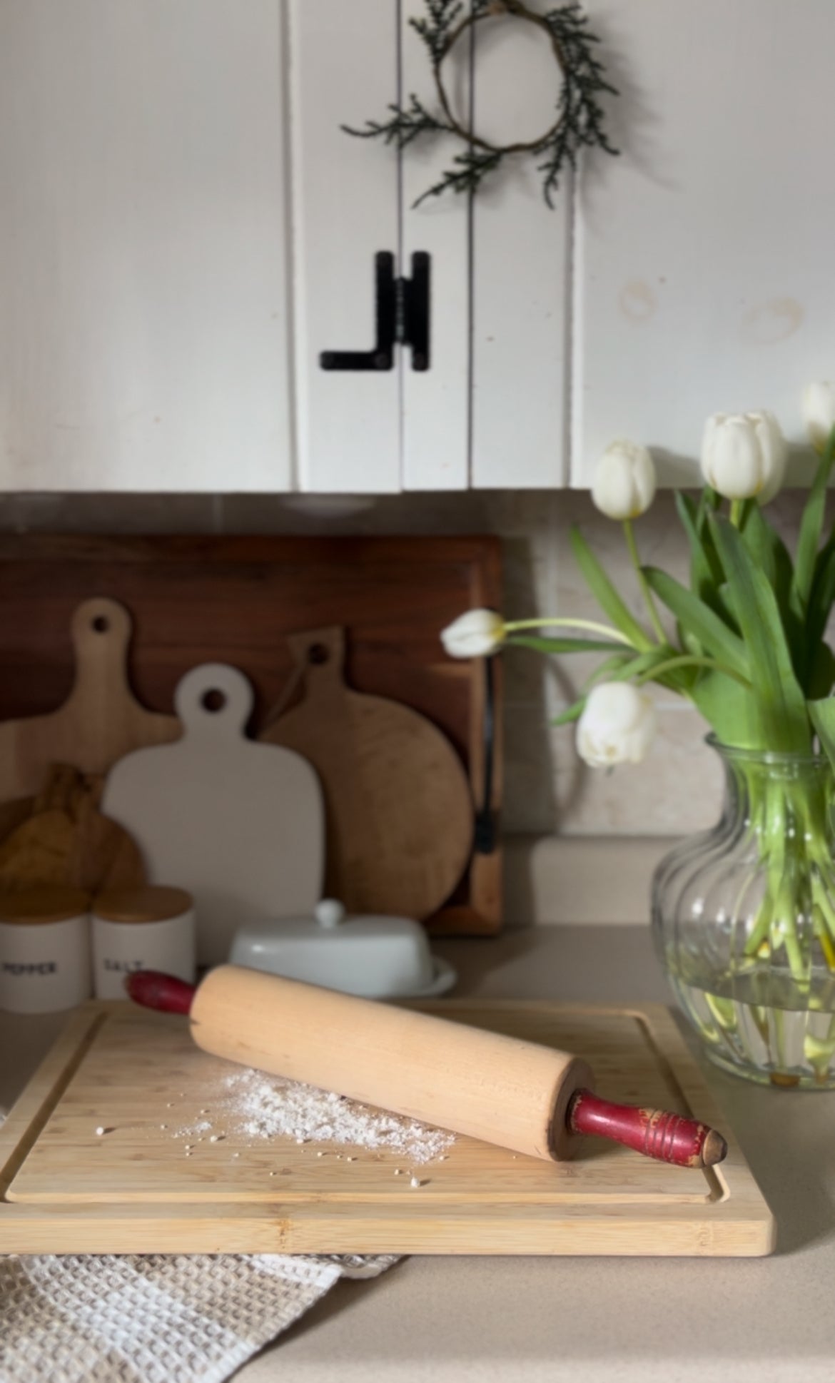 Vintage Wooden Rolling Pin with Red Handles