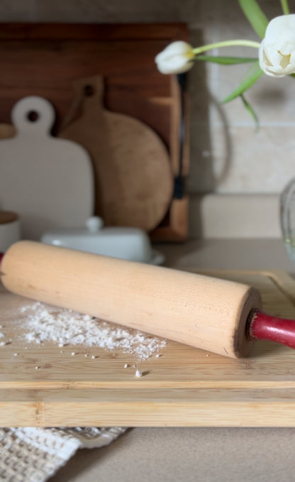 Vintage Wooden Rolling Pin with Red Handles