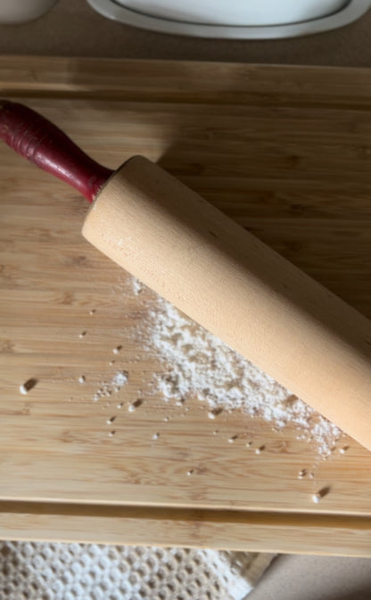 Vintage Wooden Rolling Pin with Red Handles