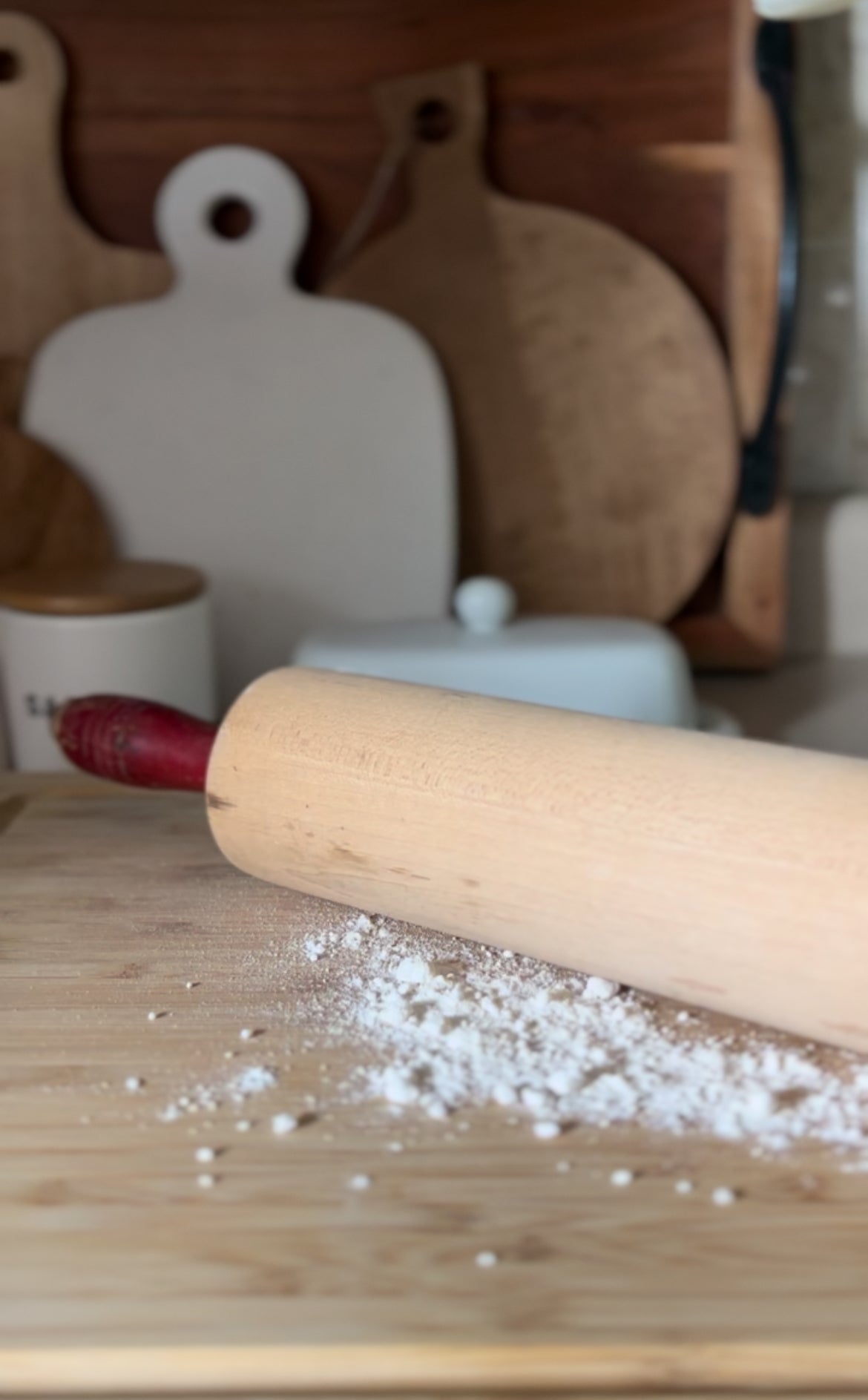 Vintage Wooden Rolling Pin with Red Handles