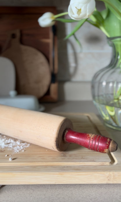 Vintage Wooden Rolling Pin with Red Handles