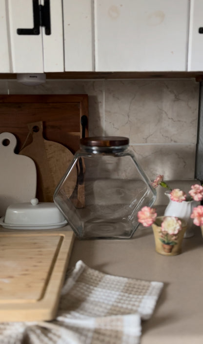 Vintage Glass Hexagon Container With Wood Lid (large and small options *spoons not included))