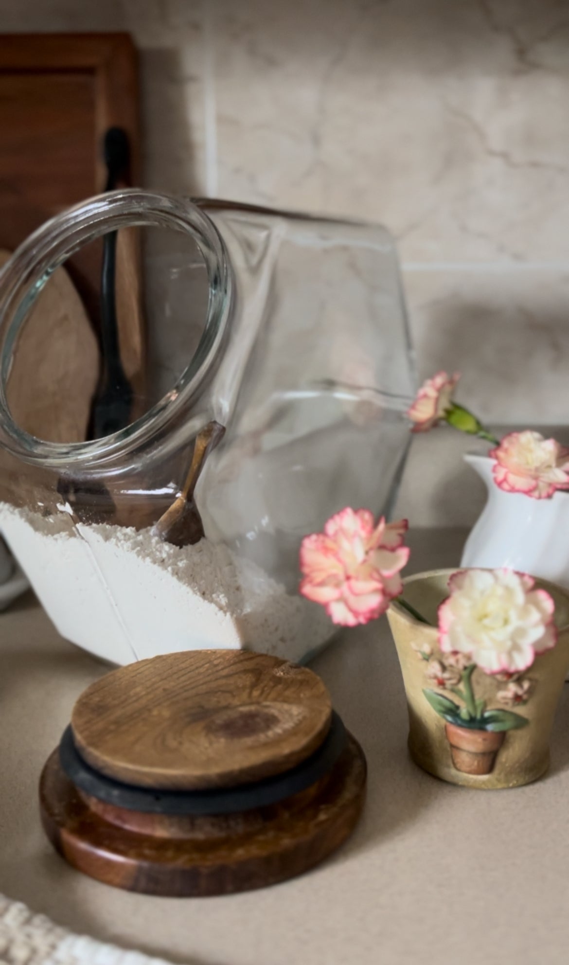 Vintage Glass Hexagon Container With Wood Lid (large and small options *spoons not included))