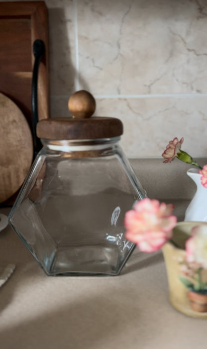 Vintage Glass Hexagon Container With Wood Lid (large and small options *spoons not included))