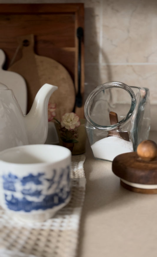 Vintage Glass Hexagon Container With Wood Lid (large and small options *spoons not included))