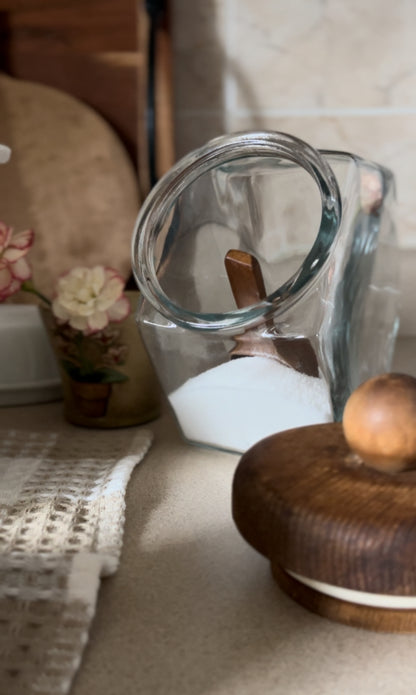 Vintage Glass Hexagon Container With Wood Lid (large and small options *spoons not included))