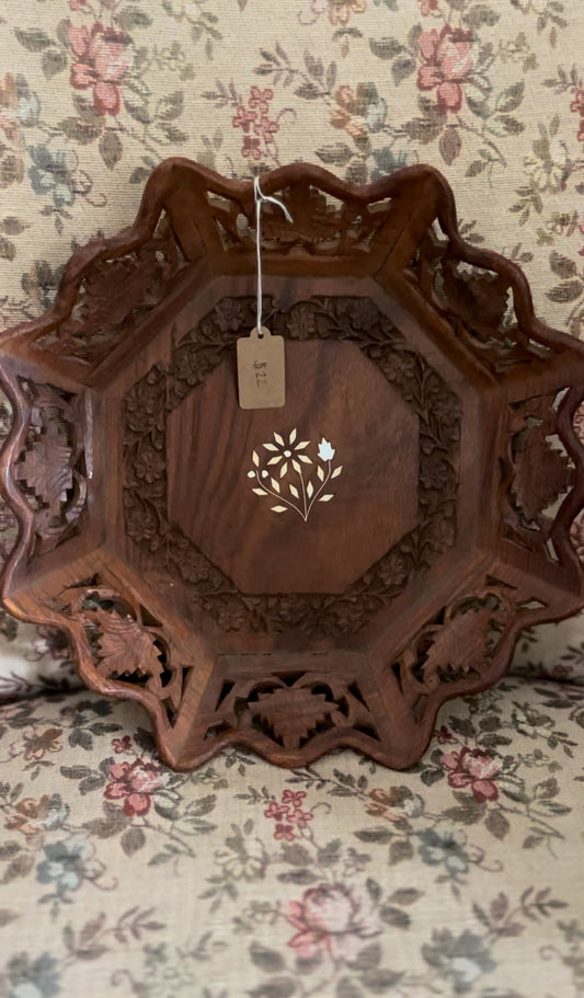 vintage handcarved and inlaid wood tray made in india