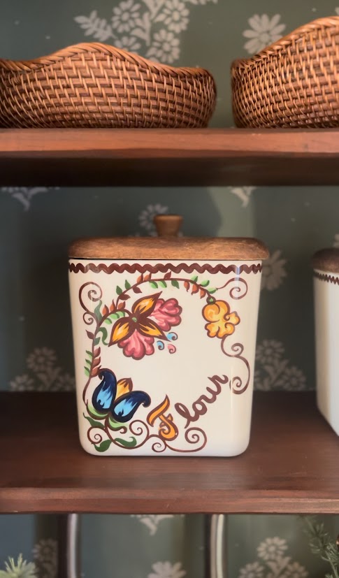 Vintage Floral Ceramic Canister Set with Wooden Lids