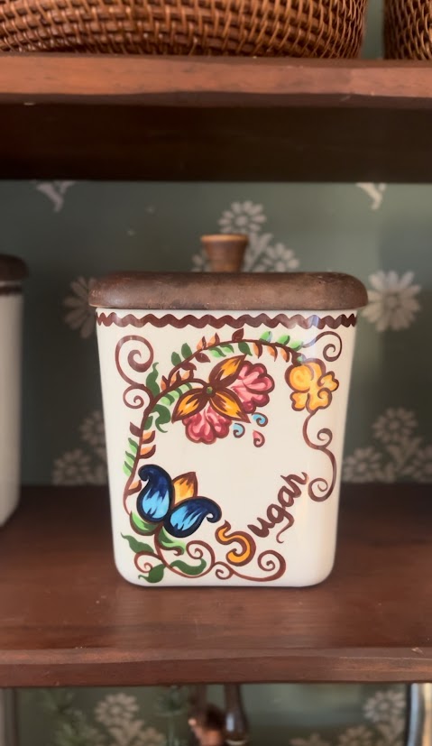 Vintage Floral Ceramic Canister Set with Wooden Lids