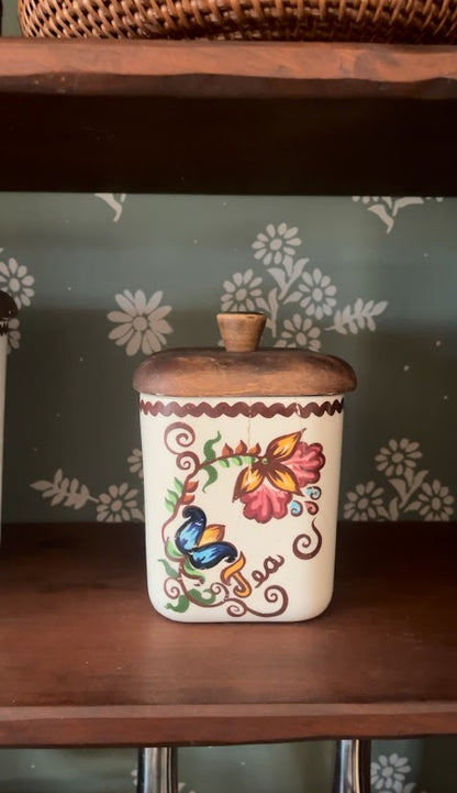 Vintage Floral Ceramic Canister Set with Wooden Lids