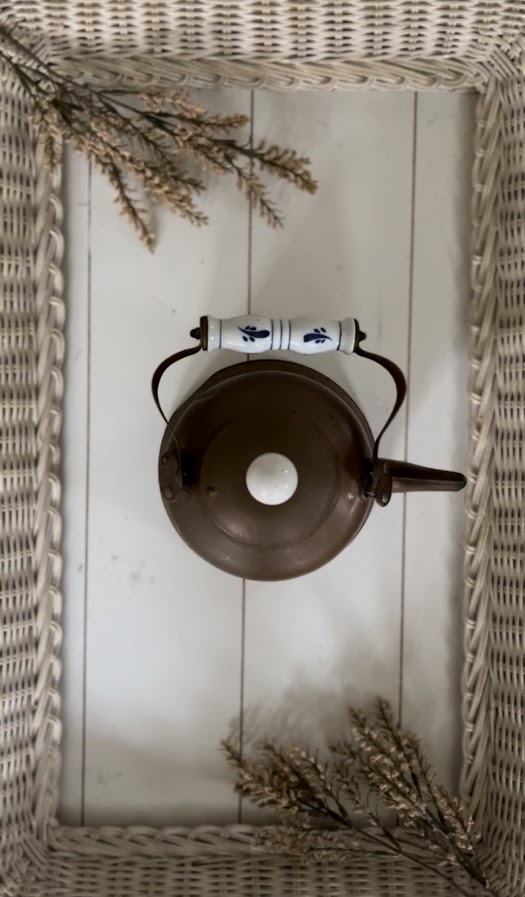 Copper Tea Kettle with Blue and White Ceramic Handle