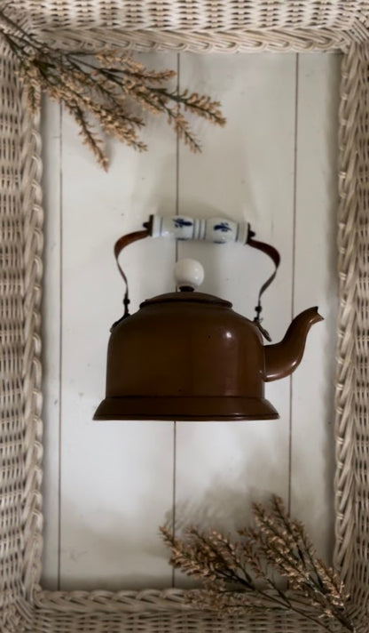 Copper Tea Kettle with Blue and White Ceramic Handle