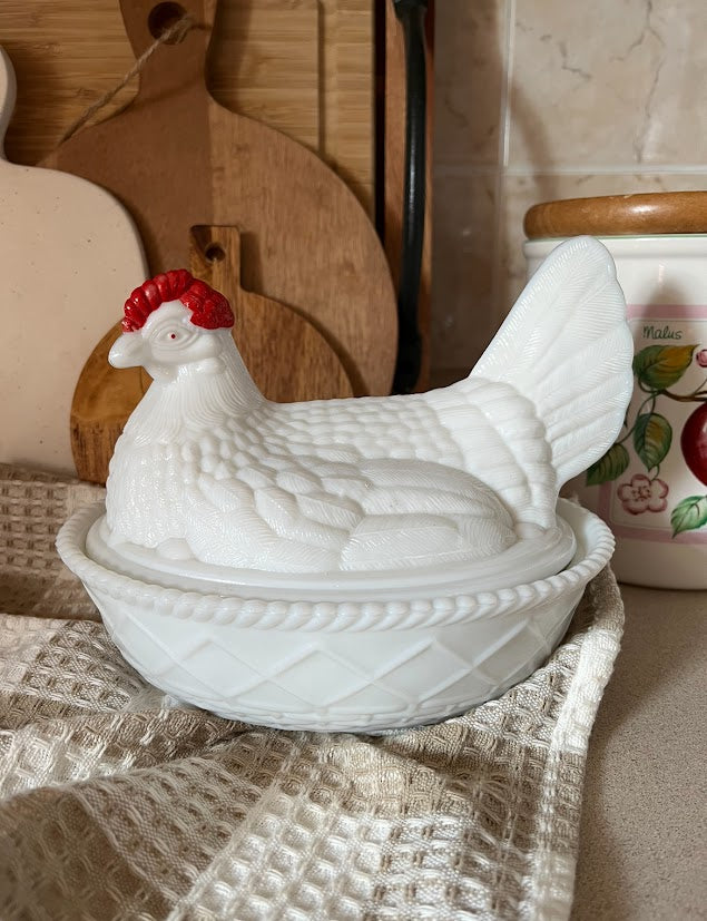 Vintage Milk Glass Hen on Nest Dish